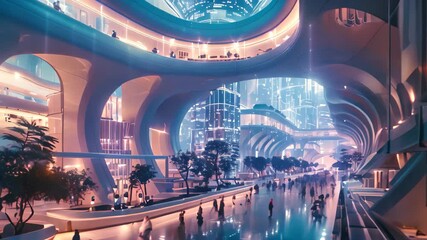 Poster - diverse group of people walking around a modern city building, the central hub of a futuristic city,