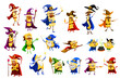 © Vector Tradition - Cartoon Halloween pasta wizard and witch, sorcerer and mage characters. Italian cuisine food vector personages. Cute macaroni with magic hat, wand, magician cape and fireball, witch cauldron and broom