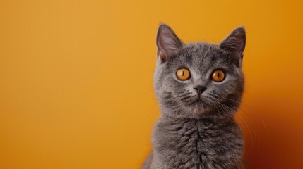 Wall Mural - Gray Cat with Yellow Eyes on a Yellow Background