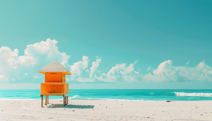 Wall Mural - A bright orange lifeguard hut stands alone on a pristine white sandy beach with azure blue skies and fluffy clouds.