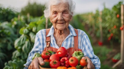 Elderly woman smiles contentedly while holding a basket of fresh colorful vegetables from her thriving organic garden