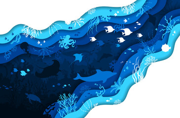 Wall Mural - Paper cut underwater landscape with seaweeds, coral reef and sea animals. Manta ray, fish shoal, jellyfish and octopus, dolphin or turtle silhouettes. 3d vector ocean depths scene inside of wavy frame