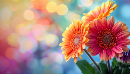 Wall Mural - Vibrant orange and pink gerbera daisies with a colorful bokeh background, creating a cheerful and lively atmosphere.