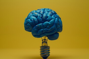 Canvas Print - Blue Brain Light Bulb on Yellow Background Representing Intelligence and Bright Ideas