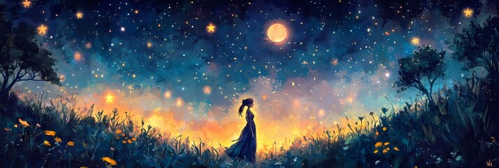 Wall Mural - Beautiful night landscape with a woman in the mountains.