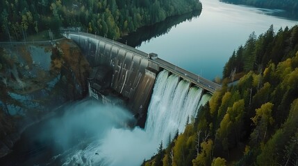Poster - Aerial View of a Vast Hydroelectric Dam with Flowing Spillway