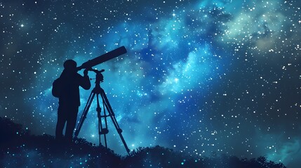 Fototapete - Astronomer Silhouetted Against Starry Night Sky Observing with Telescope