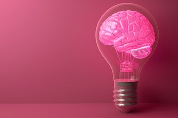 Poster - Pink Brain Light Bulb on Pink Background Symbolizing Feminine Intelligence and Creativity