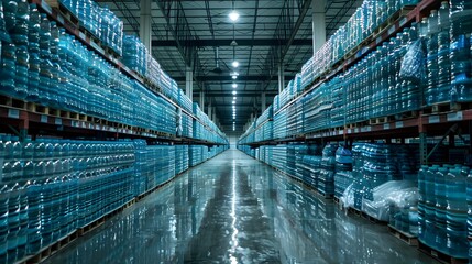 Fototapete - Bottled Water Stacks in a Distribution Warehouse Facility