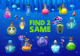 Aufkleber - Find two same Halloween magic potion bottles kids game worksheet on fairytale forest vector background. Matching puzzle quiz of Halloween witch potion bottles, magician poison or alchemy elixir flasks