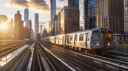 Poster - Commuter Train Speeding Through Vibrant Urban Landscape with Towering Skyscrapers