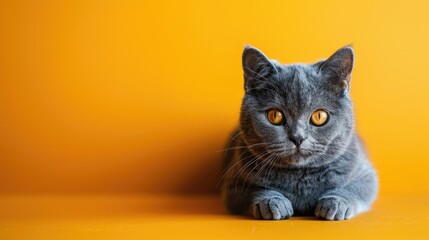 Sticker - Grey Cat with Orange Eyes on a Yellow Background