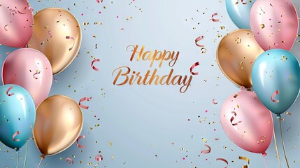 Wall Mural - Colorful 3d foil balloons with 'happy birthday' message on a festive congratulations card template for celebratory occasions and party invitations