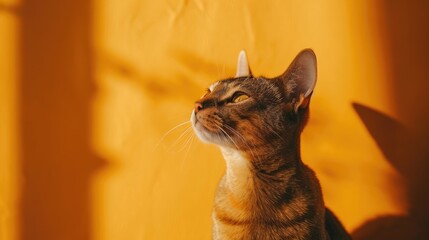 Sticker - A Curious Cat Gazing Upward Against a Yellow Background