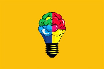 Sticker - Colorful Brain Bulb on Yellow Background Creative Vector Art