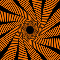 Poster - Psychedelic Halloween spiral pattern featuring black and orange lines that twist and turn towards the center. Vector optical illusion background with swirled vortex creates a tunnel-like visual effect