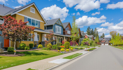 A picturesque suburban neighborhood with charming houses, manicured lawns, and vibrant trees on a bright, clear day.