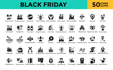 Poster - Black Friday icon set with shop and save, checkout counter, red tag sale, online shopping, shop responsibly, door crashers, electronic gadgets, shopaholic, shop local icon. Simple glyph vector 
