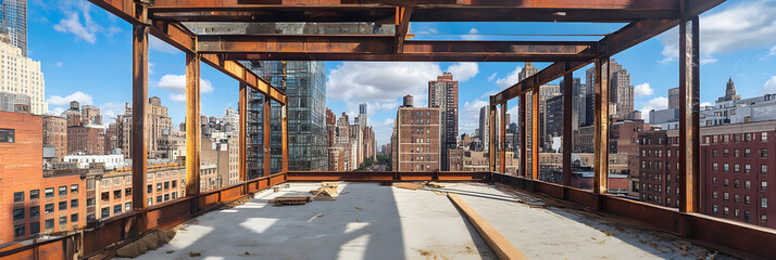 Steel beams under construction in urban skyline