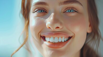 Portrait of a young woman with a stunning smile and white teeth, close-up. Isolated on a white background, dental care theme.