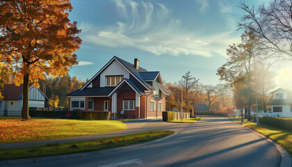 charming house in a suburban neighborhood with bright autumn foliage and a clear blue sky.