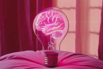 Sticker - Pink Brain Bulb on Vibrant Background Creative Digital Illustration