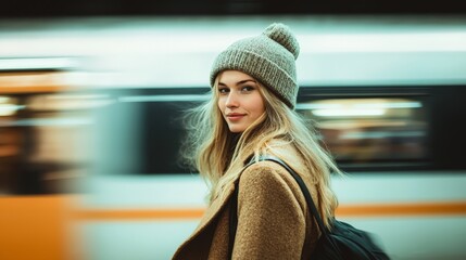 Wall Mural - young woman with long blonde hair in a beanie and a coat standing on a train plattform