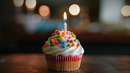 Wall Mural - Festive birthday cupcake with a single lit candle and colorful sprinkles on a vibrant background for celebratory designs and party invitations