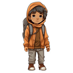 Poster - An illustration of a boy refugee wearing a hoodie and carrying a backpack