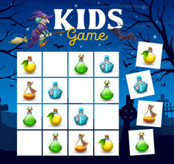 Aufkleber - Halloween kids sudoku game with flying witch and potion bottles. Kids intelligence riddle, logic game vector worksheet with bat, flying on broom witch characters, magic potions and cemetery background