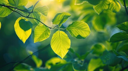 Poster - Green leaves in sunlight with focused natural background