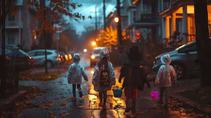 Wall Mural - Trick or treat? Halloween evening in small town or suburbs. Children trick or traeting, bokeh lights in the background. Happy mood