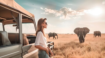 woman standing in a safari vehicle tourist elephant in the savanna travel summer