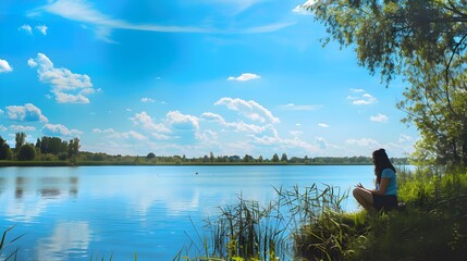 Poster - Woman enjoying a peaceful moment by the lake under a bright blue sky. The serene setting captures the tranquility and beauty of nature