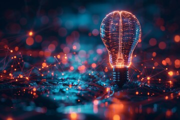 Sticker - Futuristic light bulb with neural connections set in a dark starry background illustrating the intersection of science technology and creativity in a mesmerizing visual