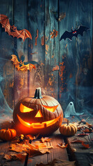 Halloween autumn banner. wooden background, leaves and pumpkins. Vertical frame for instagram story or tiktok background