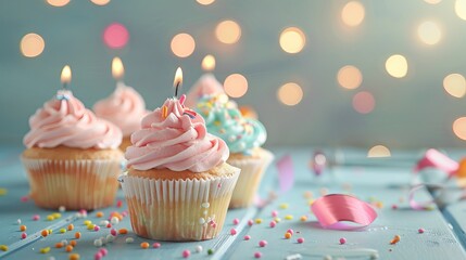 Wall Mural - Colorful frosted birthday cupcakes with sprinkles arranged on a white table, perfect for celebrations and dessert-themed designs with a light, cheerful background