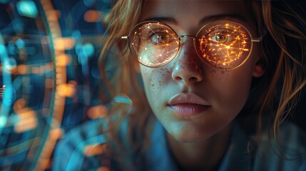 Wall Mural - Close-up of a woman wearing illuminated glasses with futuristic graphics, representing technology and innovation in a digital world.