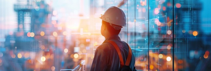 Wall Mural - A construction worker wearing a hard hat and safety vest stands in front of a window, looking out at a cityscape. The window has a digital overlay of lines and data, symbolizing progress, innovation, 