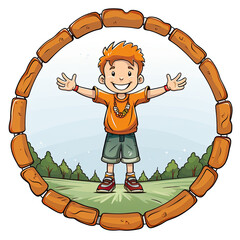 Sticker - An illustration of a happy boy standing in the middle of a green field