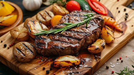 Wall Mural - Succulent beef steak with roasted potatoes and crisp produce on rustic wooden surface.