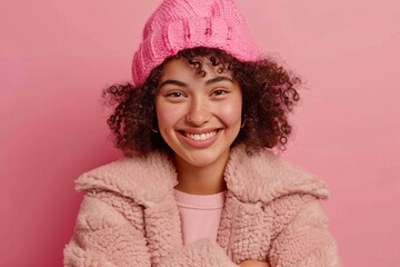 joyful woman winks with her arms crossed, sporting curly dark hair and a cozy hat, playfully showcas