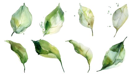 Poster - Set of green leaves watercolor painted stain elements minimal design, isolated on white background