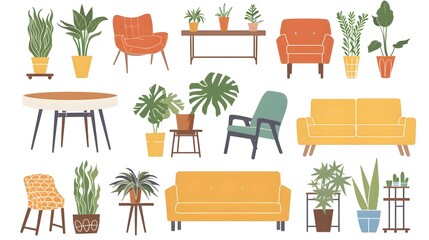 Wall Mural - Set of furniture for living room sofa chair, table, and plants, Home interior elements decorative in the style minimal, isolated on white background