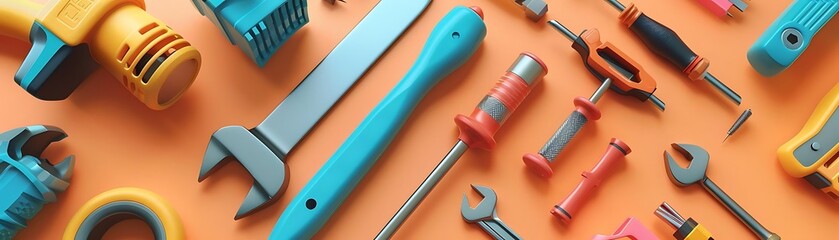 3D Illustration of Tools on Orange Background