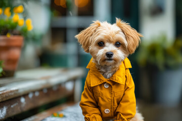 Poster - A small dog wearing a yellow jacket sitting on a bench