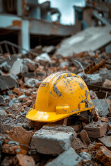 A yellow hard hat sitting on top of a pile of rubble