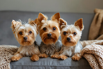 Canvas Print - Three yorkshire terriers sitting on a couch