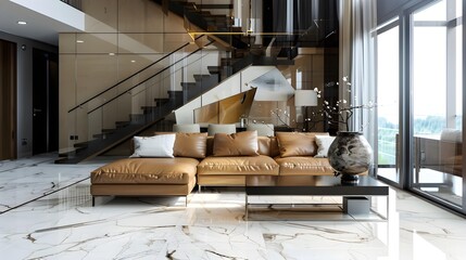 Wall Mural - Modern living room with a tan leather sofa, a large marble floor vase, and a polished marble floor. The staircase has a modern industrial look with metal railings