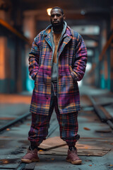 Poster - A man standing on a train track wearing a plaid coat.